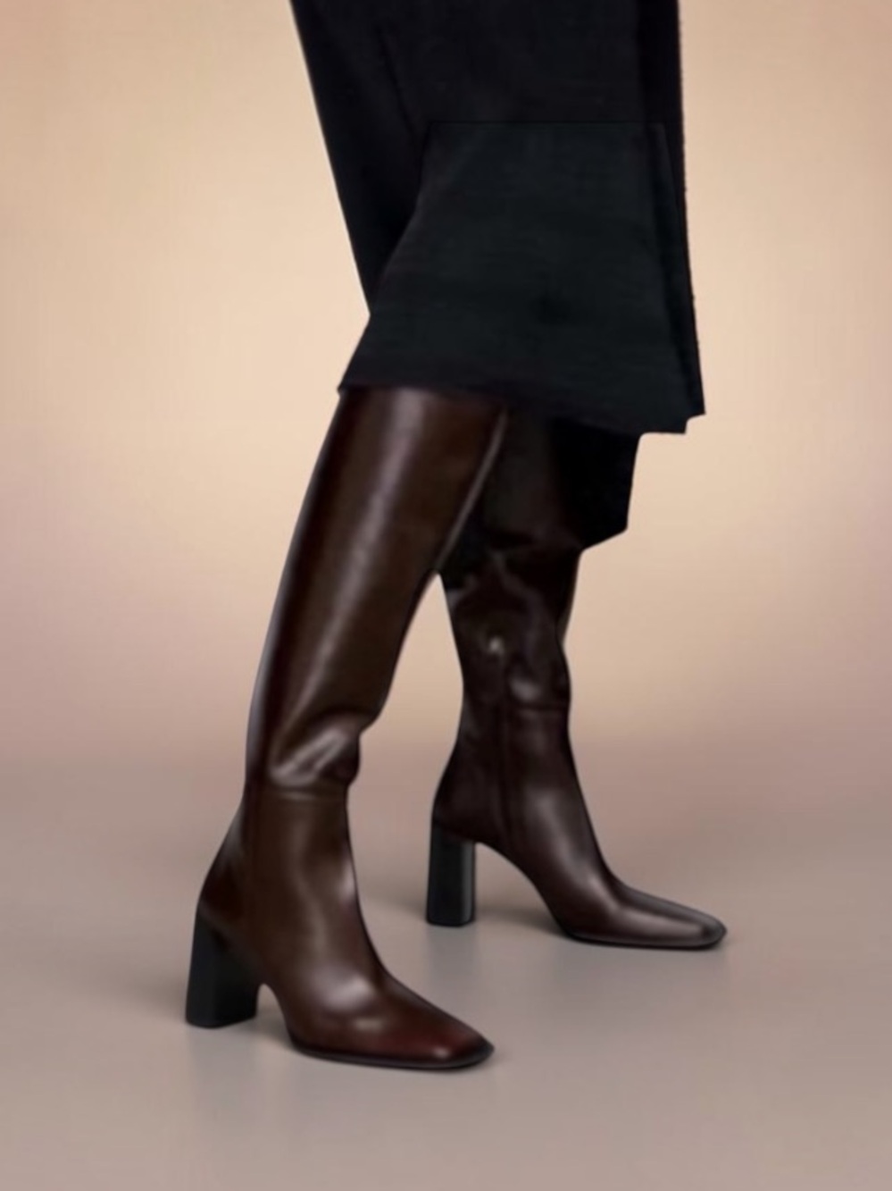 ZARA LEATHER HEELED OVER-THE-KNEE BOOTS BURGUNDY Size 36